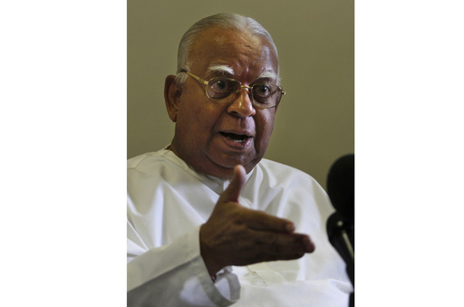 FILE- Sri Lanka's ethnic Tamil minority political party Tamil National Alliance leader Rajavarothiam Sampanthan gestures as he speaks during a media conference in Colombo, Sri Lanka, June 9, 2010. Sampanthan, a senior ethnic Tamil leader and lawmaker, who became the face of the minority community's campaign for autonomy in Sri Lanka since the end of a brutal quarter-century civil war, has died. He was 91.(AP Photo/Eranga Jayawardena, File)