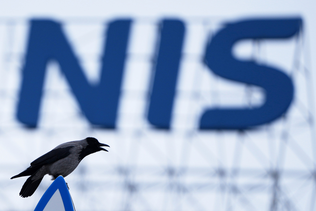 A raven stands on a petrol station roof in front of the NIS "Naftna industrija Srbije" (Petroleum Industry of Serbia) company logo on an office building in Belgrade, Serbia, Sunday, Nov. 23, 2025. (AP Photo/Darko Vojinovic)