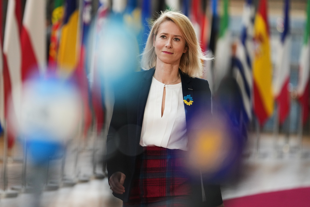 European Union foreign policy chief Kaja Kallas arrives for a meeting of EU foreign ministers at the European Council building in Brussels, Monday, Feb. 23, 2026. (AP Photo/Virginia Mayo)