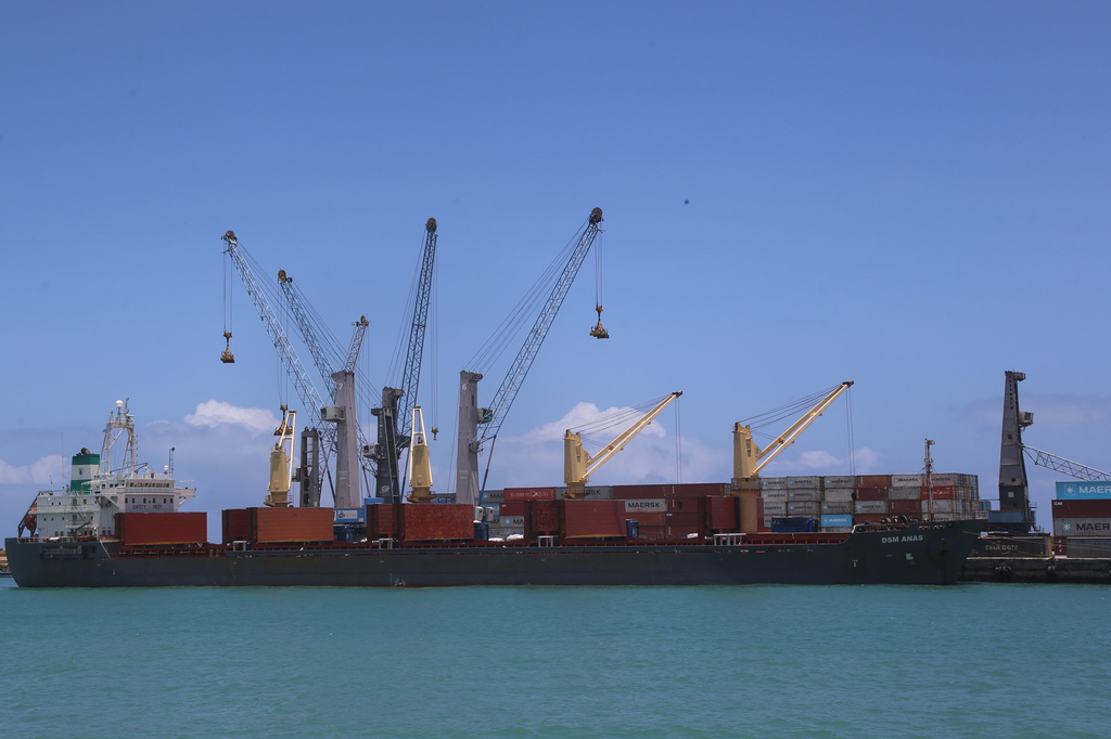 A cargo ship sits docked at Mogadishu Port in Mogadishu, Somalia, Sunday, Sept. 13, 2026. (AP Photo/Farah Abdi Warsameh)
