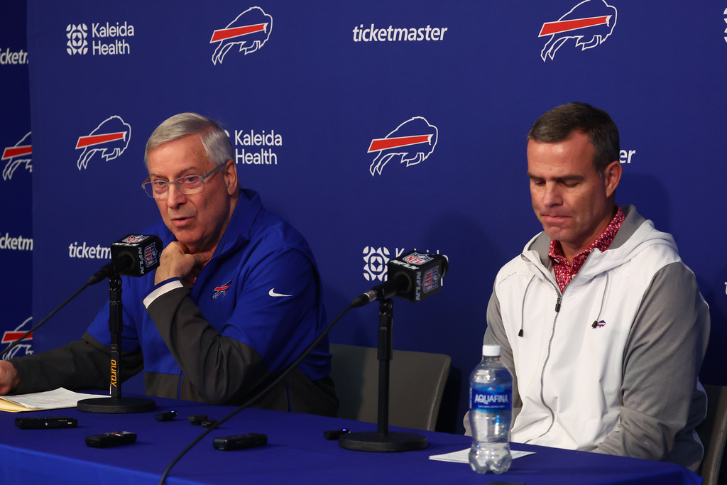 CORRECTS YEAR: Buffalo Bills owner Terry Pegula left, and General Manager Brandon Beane speak at a NFL football news conference in Orchard Park, N.Y., Wednesday, Jan 21, 2026. (AP Photo/Jeffrey T. Barnes)