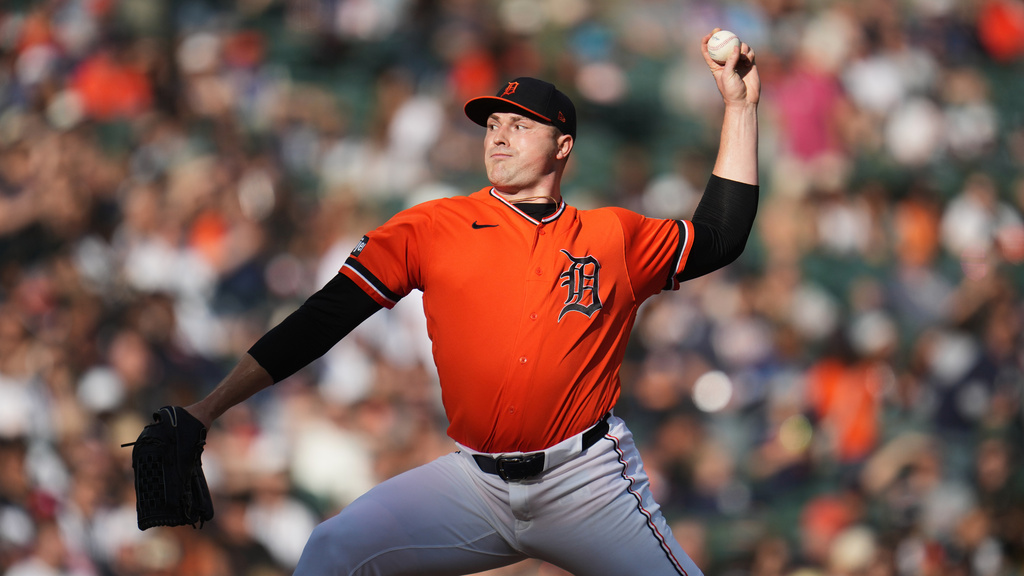Detroit Tigers pitcher Tarik Skubal throws against the Chicago White Sox during the first inning of a baseball game Friday, June 19, 2026, in Detroit. (AP Photo/Paul Sancya)