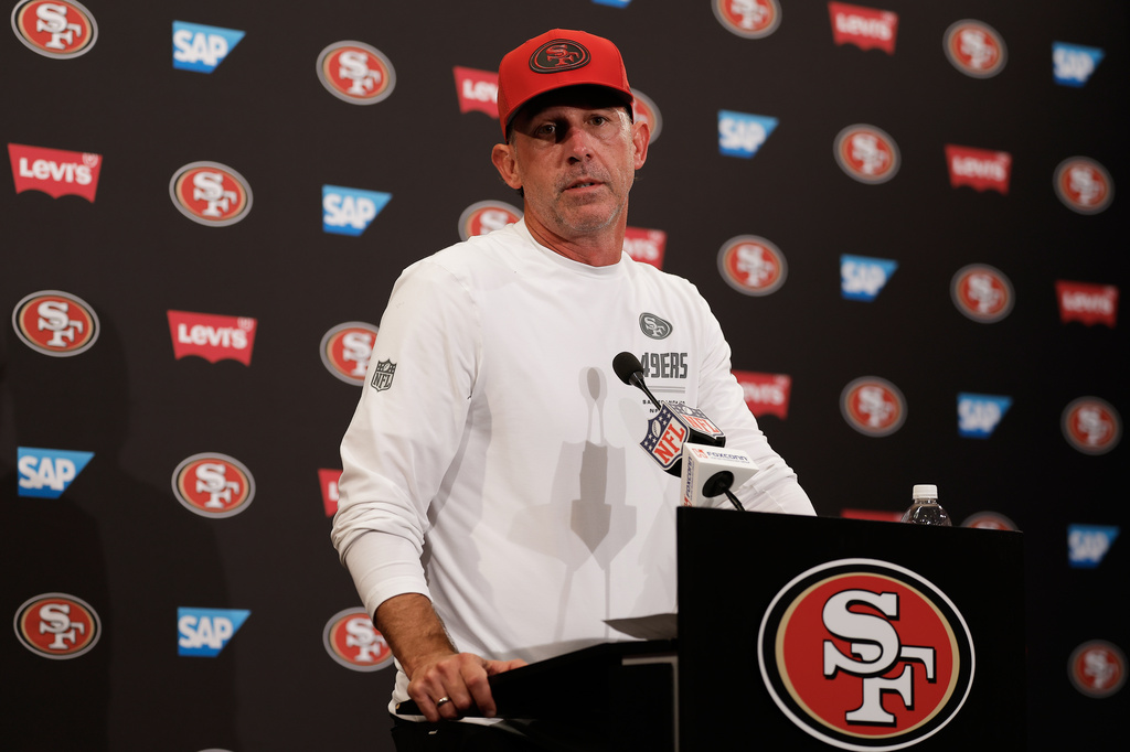 San Francisco 49ers head coach Kyle Shanahan speaks at a news conference after an NFL football game against the Arizona Cardinals in Santa Clara, Calif., Sunday, Sept. 27, 2026. (AP Photo/Kelley L. Cox)