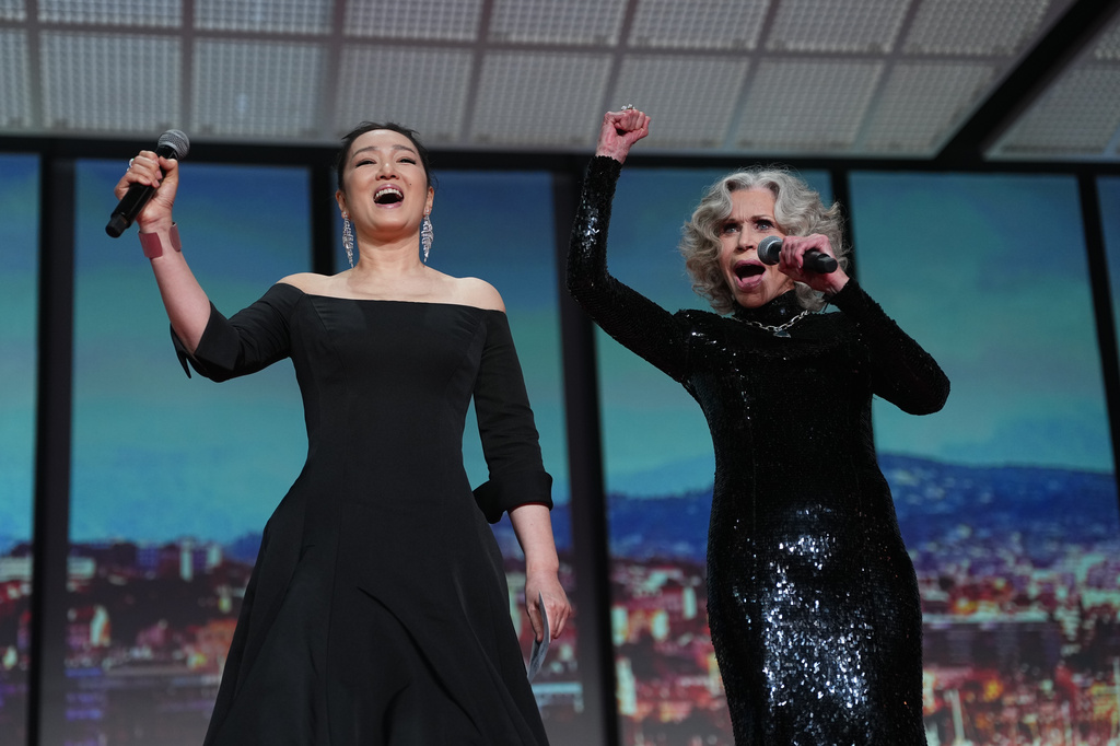 Gong Li, left, and Jane Fonda appear during the opening ceremony of the 79th international film festival, Cannes, southern France, Tuesday, May 12, 2026. (Photo by Scott A Garfitt/Invision/AP)