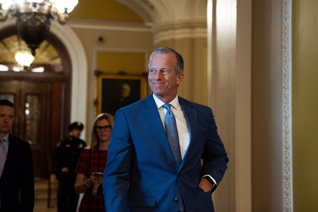 Senate Majority Leader John Thune, R-S.D., exits the floor after voting at the Capitol, Thursday, Feb. 12, 2026, in Washington. (AP Photo/Allison Robbert)