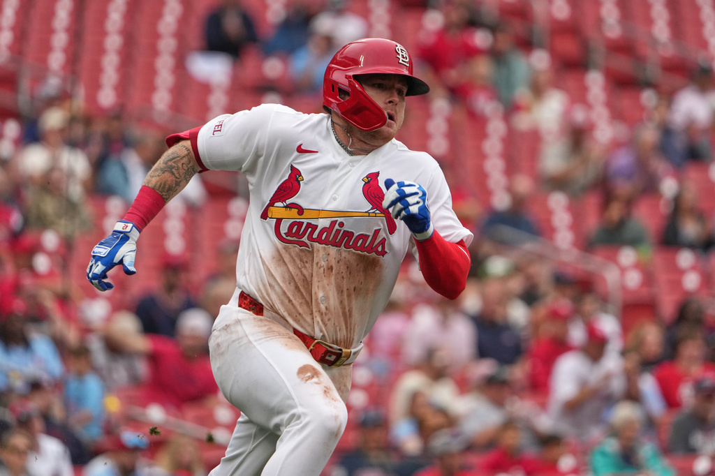 St. Louis Cardinals' Nathan Church rounds first on his way to an RBI double during the seventh inning of a baseball game against the Cleveland Guardians Wednesday, April 15, 2026, in St. Louis. (AP Photo/Jeff Roberson)