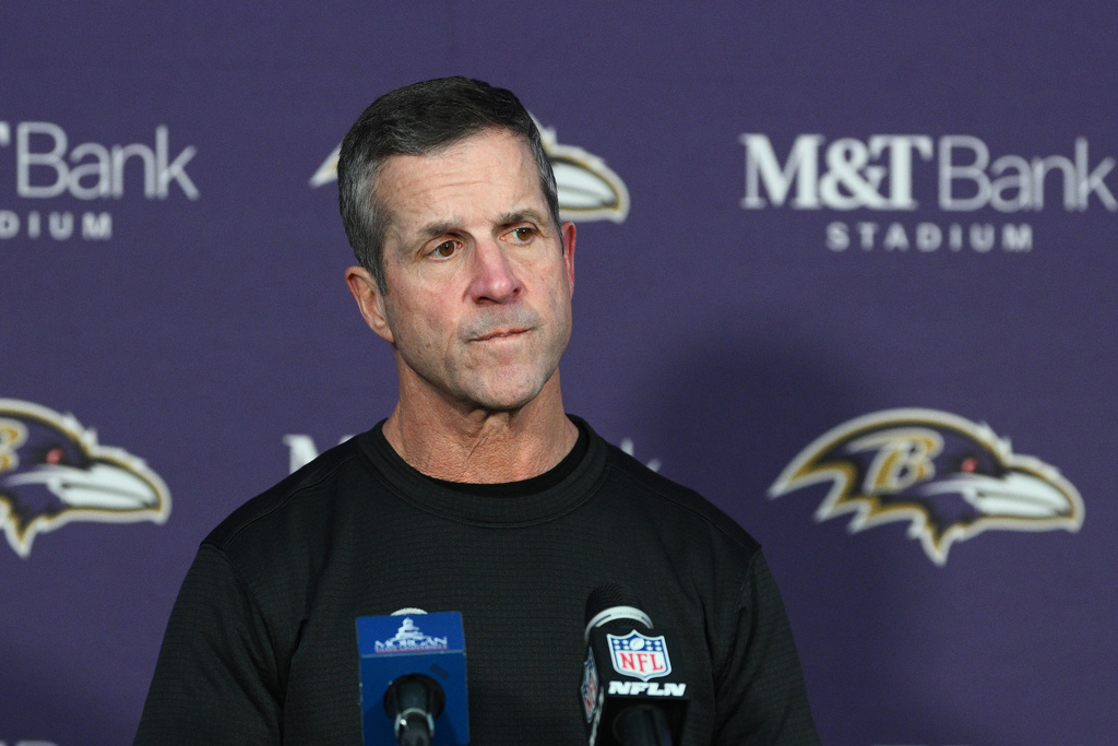 Baltimore Ravens head coach John Harbaugh speaks at a news conference after an NFL football game against the New England Patriots, Sunday, Dec. 21, 2025, in Baltimore. (AP Photo/Nick Wass)