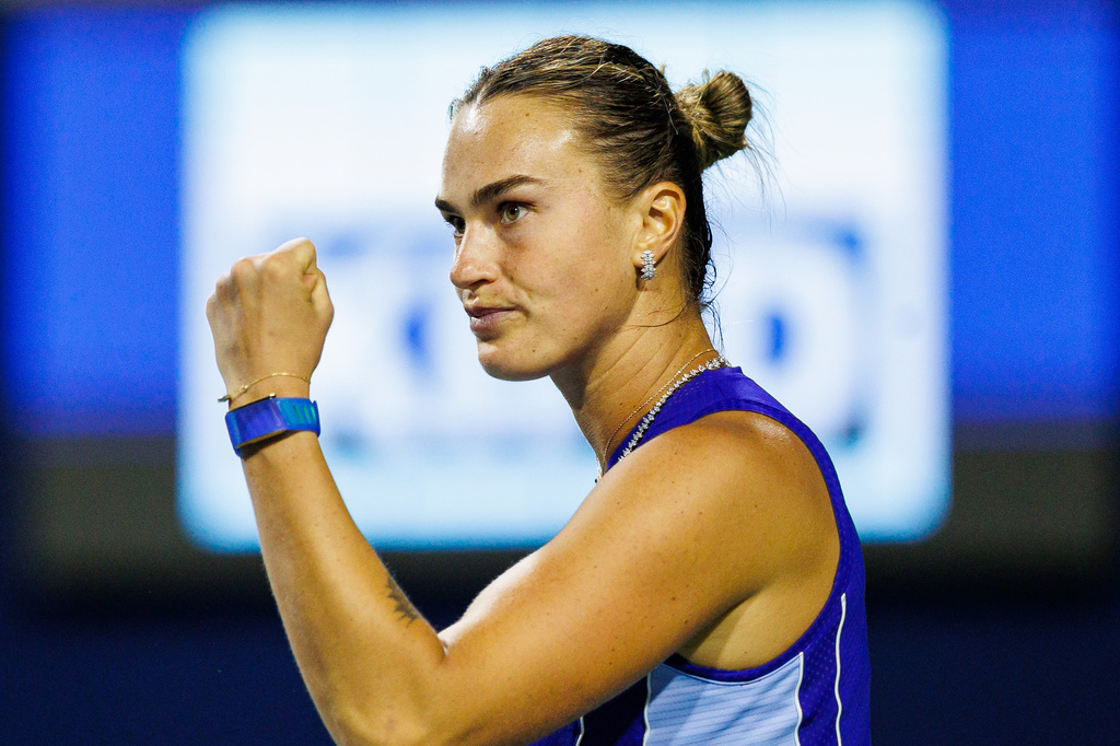 Aryna Sabalenka reacts during a match against Ekaterina Alexandrova at the round of 16 National Bank Open Tennis tournament in Toronto, on Saturday, Aug. 8, 2026. (Keito Newman/The Canadian Press via AP)