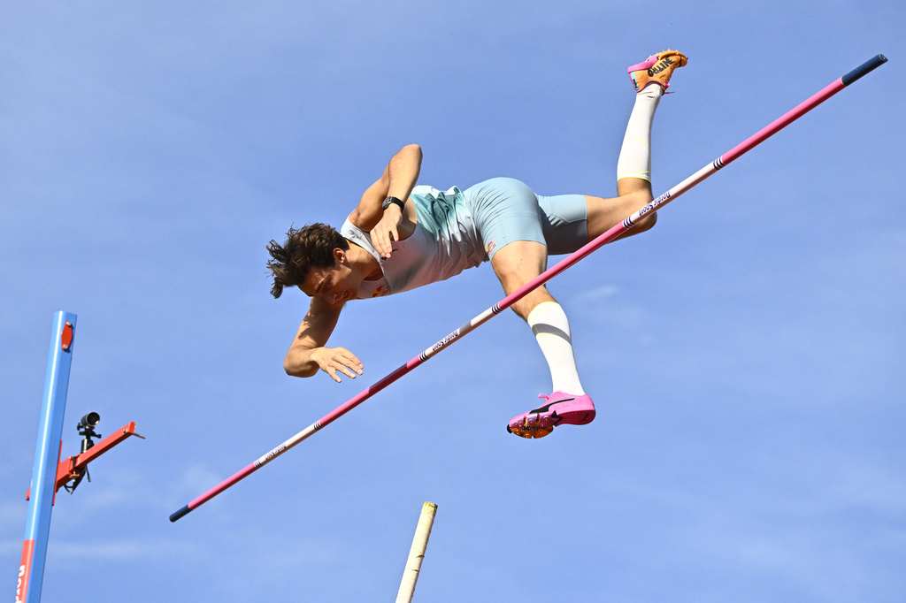 Sweden's Armand Duplantis in action during the men's pole vault competition at the IAAF Diamond League athletics meeting in Stockholm, Sweden, Sunday, June 7, 2026. (Christine Olsson/TT News Agency via AP)