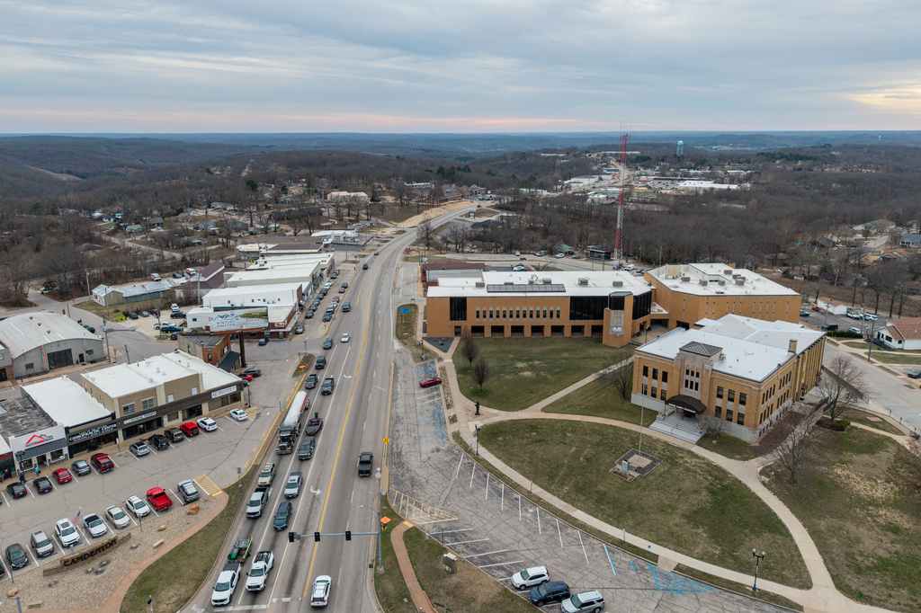 An aerial view shows the Camden County Sheriffs Department, right, on Feb. 24, 2026, in Camdenton, Mo. (AP Photo/Austin Johnson)