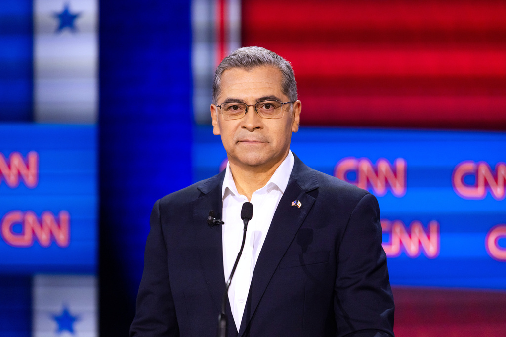 Xavier Becerra participates in a California gubernatorial debate hosted by CNN at East Los Angeles College in Monterey Park, Calif. Tuesday, May 5, 2026. (AP Photo/Ethan Swope)