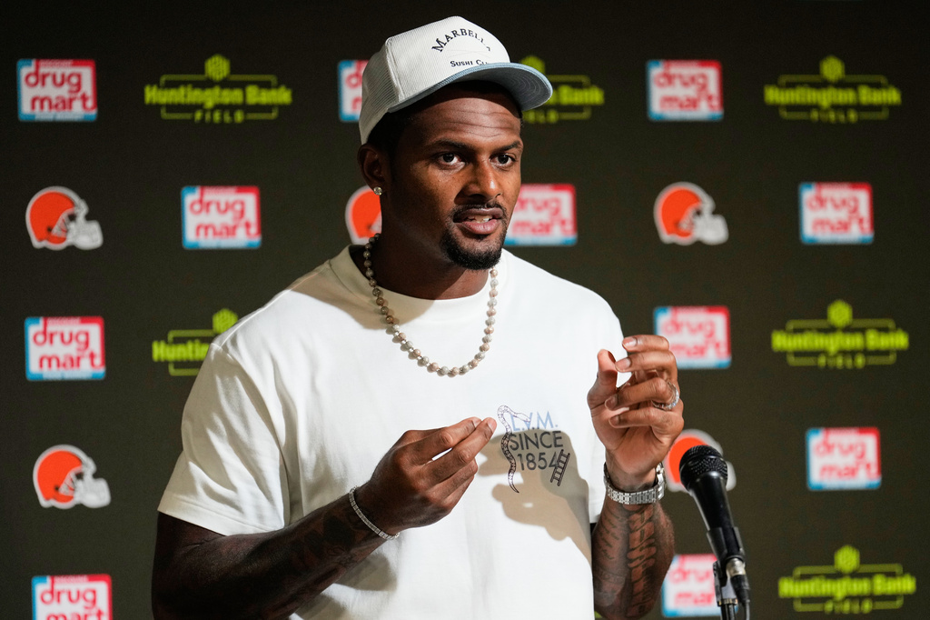 Cleveland Browns quarterback Deshaun Watson speaks at a press conference after an NFL preseason football game against the Buffalo Bills, Saturday, Aug. 22, 2026, in Cleveland. (AP Photo/Carolyn Kaster)