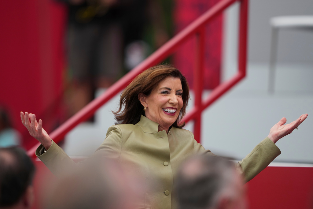 New York Gov. Kathy Hochul arrives for the opening ceremonies at the Ryder Cup golf tournament, Wednesday, Sept. 24, 2025, on the Bethpage Black golf course, in Farmingdale, N.Y. (AP Photo/Lindsey Wasson)
