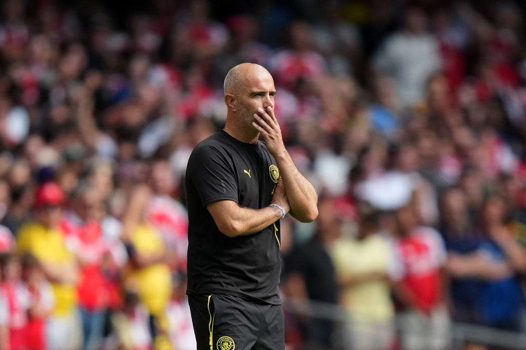 Manchester City's head coach Enzo Maresca reacts during the FA Community Shield final soccer match between Arsenal and Manchester City in Cardiff, Wales, Sunday, Aug.16, 2026. (AP Photo/Alastair Grant)