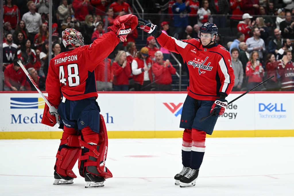 Washington Capitals left wing Aliaksei Protas (21), right, celebrates his goal with goaltender Logan Thompson (48) during the second period of an NHL hockey game against the Philadelphia Flyers, Wednesday, Oct. 28, 2026, in Washington. (AP Photo/Nick Wass)
