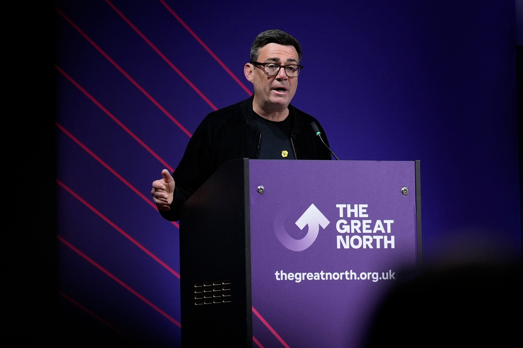 Greater Manchester Mayor Andy Burnham speaks at The Great North Investment Summit at the Royal Armouries Museum in Leeds, England, Monday May 18, 2026. (Peter Byrne/PA via AP)
