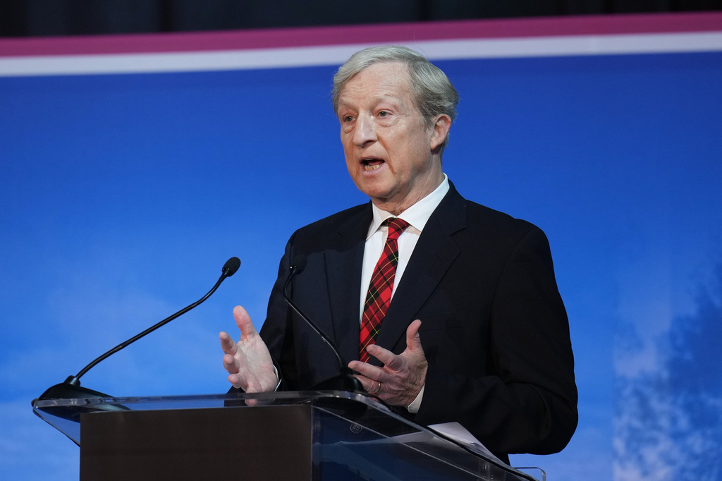 Tom Steyer speaks during a gubernatorial debate hosted by CBS LA at Pomona College in Claremont, Calif., Tuesday, April 28, 2026. (AP Photo/Jae C. Hong)
