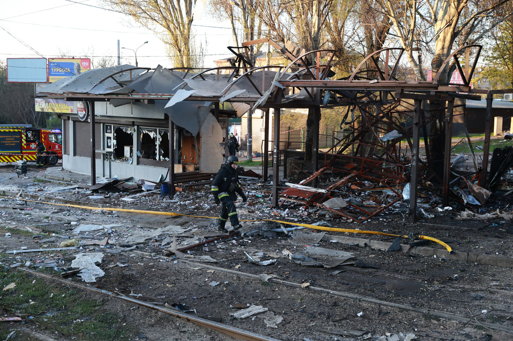 A public transport station destroyed by Russia's drone attack is seen in Zaporizhzhia, Ukraine, Wednesday, April 15, 2026. (AP Photo/Kateryna Klochko)