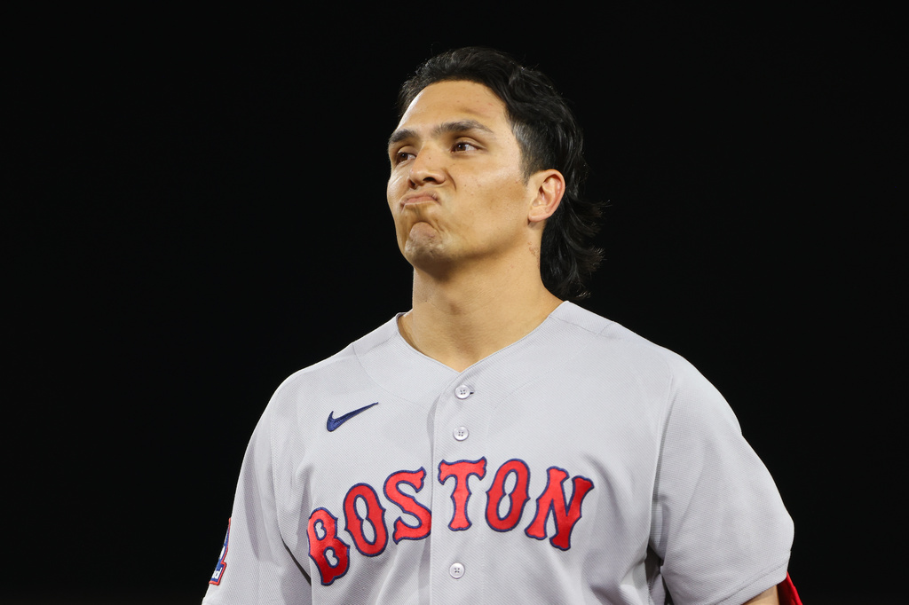 Boston Red Sox's Anthony Seigler reacts after flying out to end a baseball game against the Athletics Tuesday, July 28, 2026, in West Sacramento, Calif. (AP Photo/Scott Marshall)