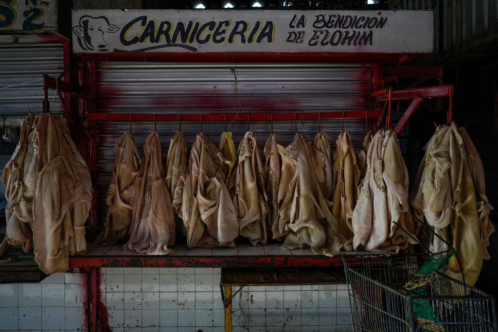 Slabs of raw tripe hang from meat hooks at a butchery in Las Pulgas market in Maracaibo, Venezuela, June 19, 2025. (AP Photo/Matias Delacroix)