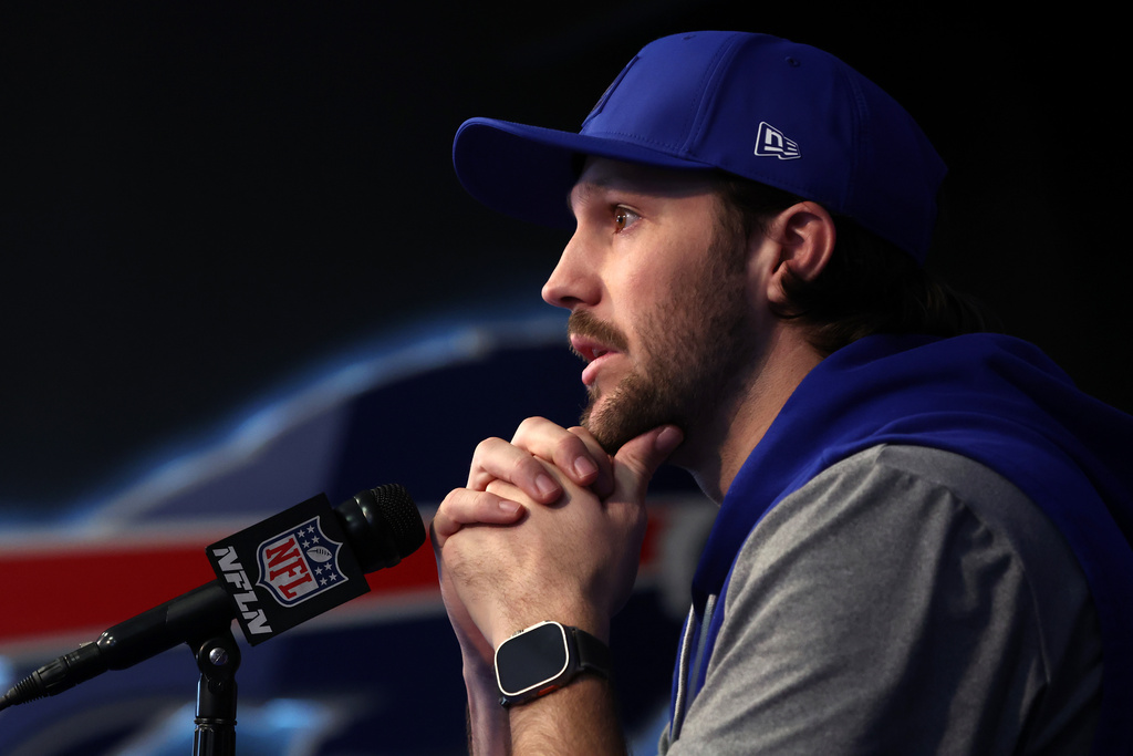 Buffalo Bills quarterback Josh Allen speaks at a NFL news conference in Orchard Park, N.Y., Thursday, Jan. 29, 2026. (AP Photo/Jeffrey T. Barnes)