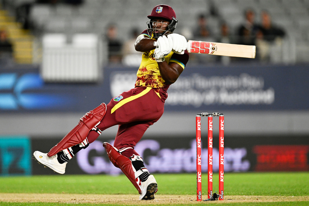 West Indies' Rovman Powell bats during the T20 cricket international between New Zealand and the West Indies in Auckland, New Zealand, Wednesday, Nov. 5, 2025. (Andrew Cornaga/Photosport via AP)
