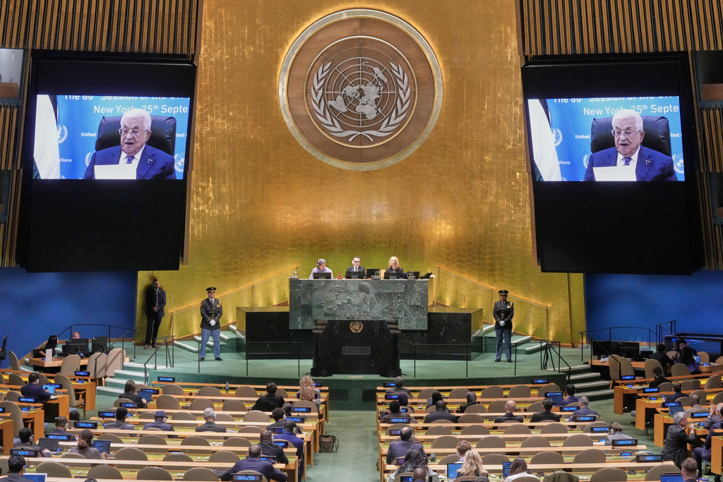 Palestine President Mahmoud Abbas addresses the 80th session of the United Nations General Assembly via video, Thursday, Sept. 25, 2025. (AP Photo/Richard Drew)