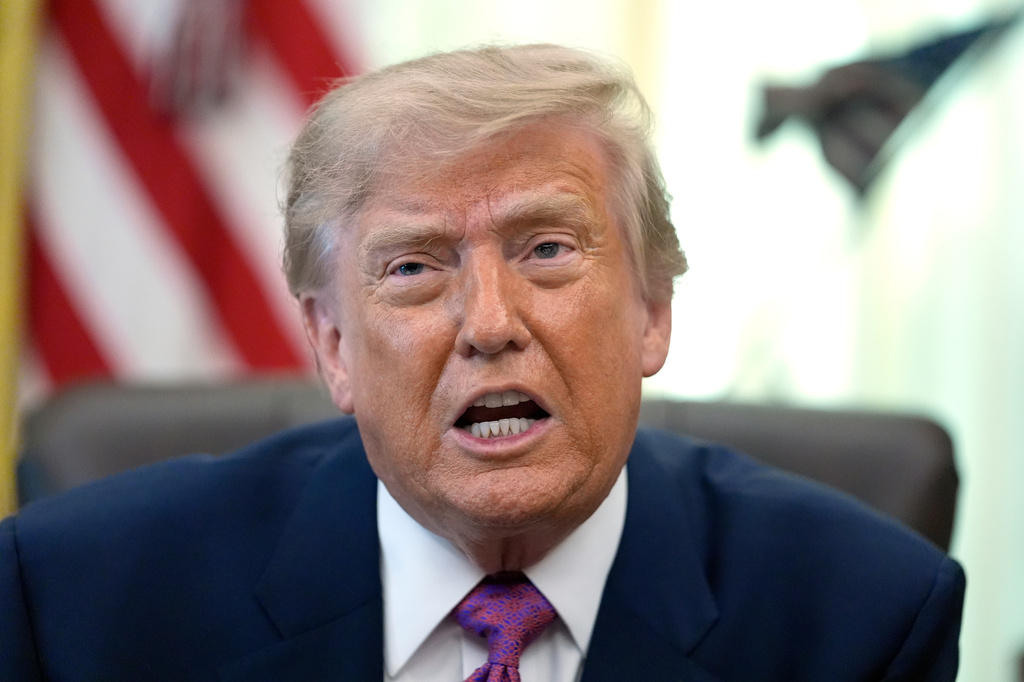 President Donald Trump speaks in the Oval Office of the White House, Thursday, Aug. 27, 2026, in Washington. (AP Photo/Manuel Balce Ceneta)