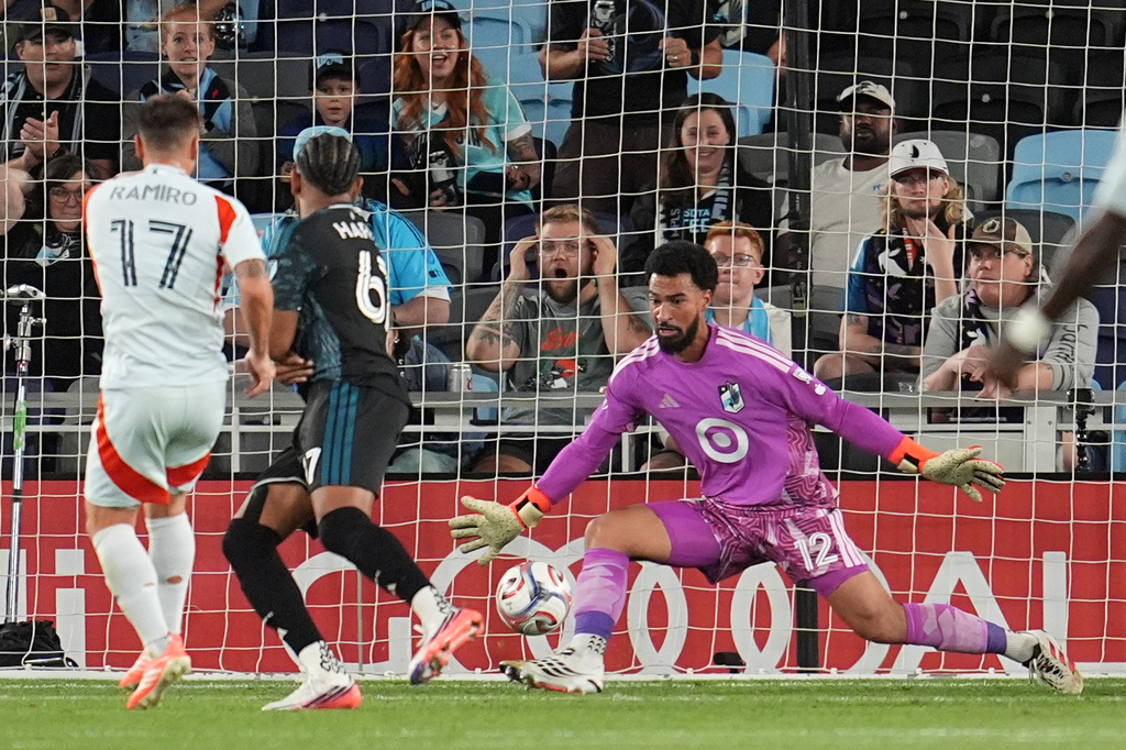 Minnesota United FC goalkeeper Drake Callender (12) defends against a shot during the second half of an MLS soccer match against FC Dallas Wednesday, Sept. 9, 2026, in St. Paul, Minn. (AP Photo/Abbie Parr)