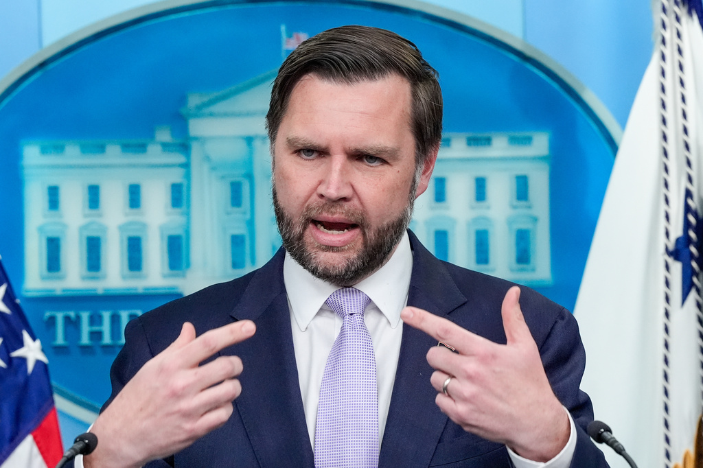 Vice President JD Vance speaks to reporters during a during a press briefing at the White House, Tuesday, May 19, 2026, in Washington. (AP Photo/Manuel Balce Ceneta)