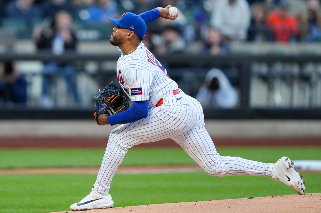New York Mets starting pitcher Freddy Peralta (51) throws during the first inning of a baseball game against the Detroit Tigers, Tuesday, May 12, 2026, in New York. (AP Photo/Yuki Iwamura)