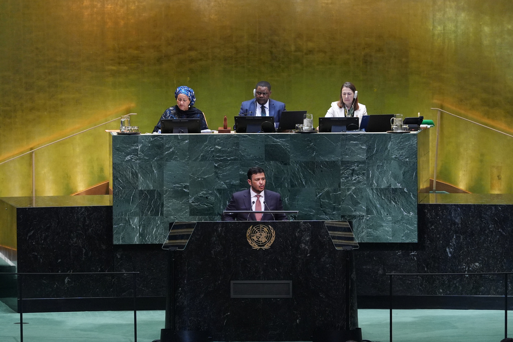 Yemen Vice President Abdullah Abdulkader Al Alimi-Bawzer addresses the 81st session of the United Nations General Assembly at U.N. headquarters Thursday, Sept. 24, 2026. (AP Photo/Frank Franklin II)
