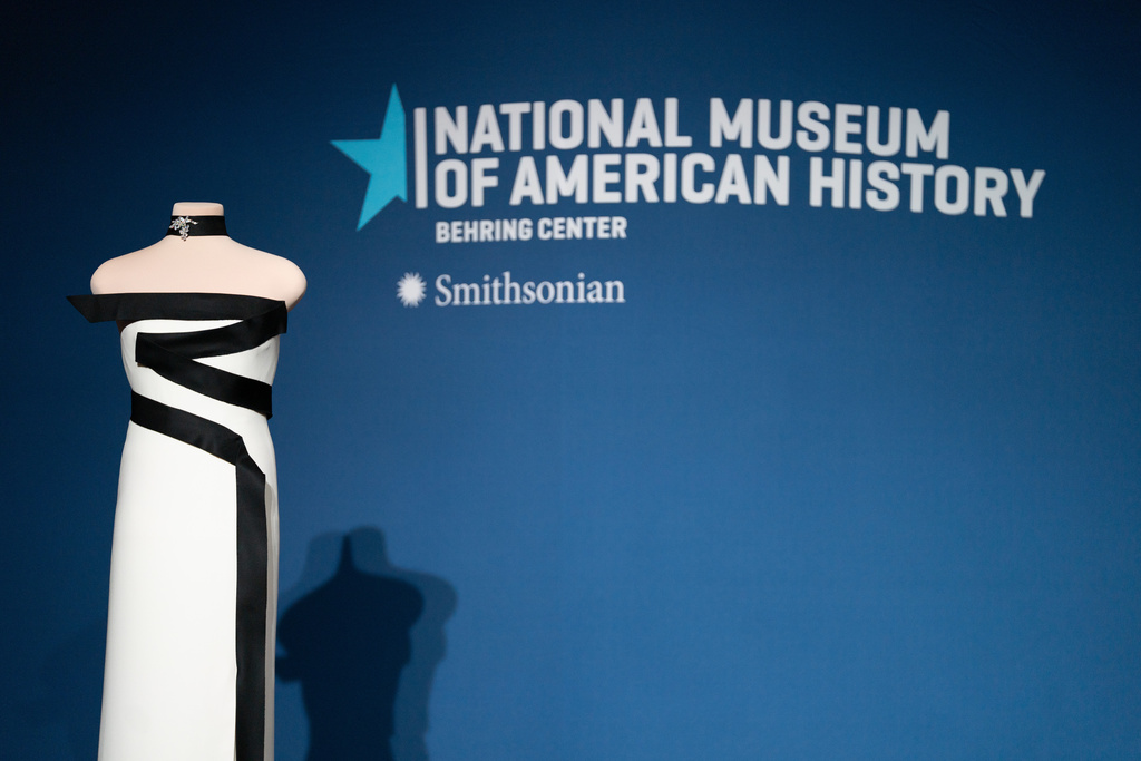 First lady Melania Trump's 2025 inaugural ball gown is presented to the Smithsonian National Museum of American History, Friday, Feb. 20, 2026, in Washington. (AP Photo/Allison Robbert)