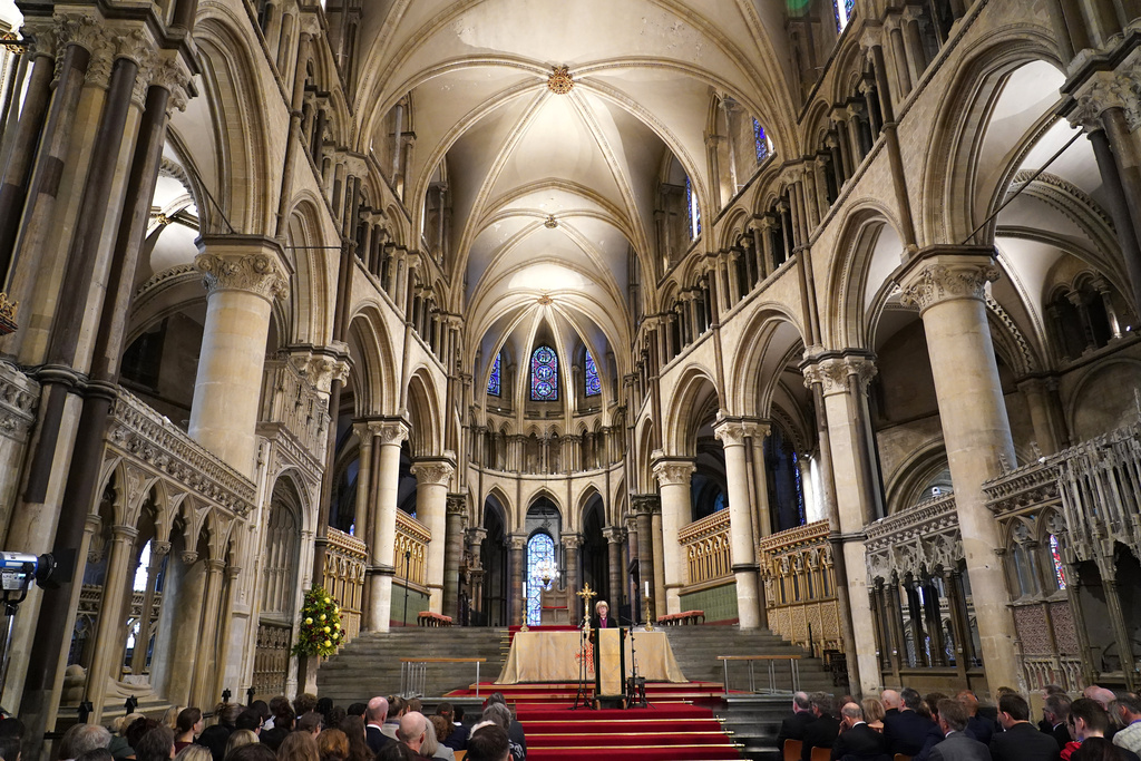 FILE - Sarah Mullally, the new Archbishop of Canterbury, spiritual leader of the world's 85 million Anglicans, speaks inside Canterbury Cathedral in Canterbury, England, Oct. 3, 2025. (AP Photo/Alberto Pezzali, File)