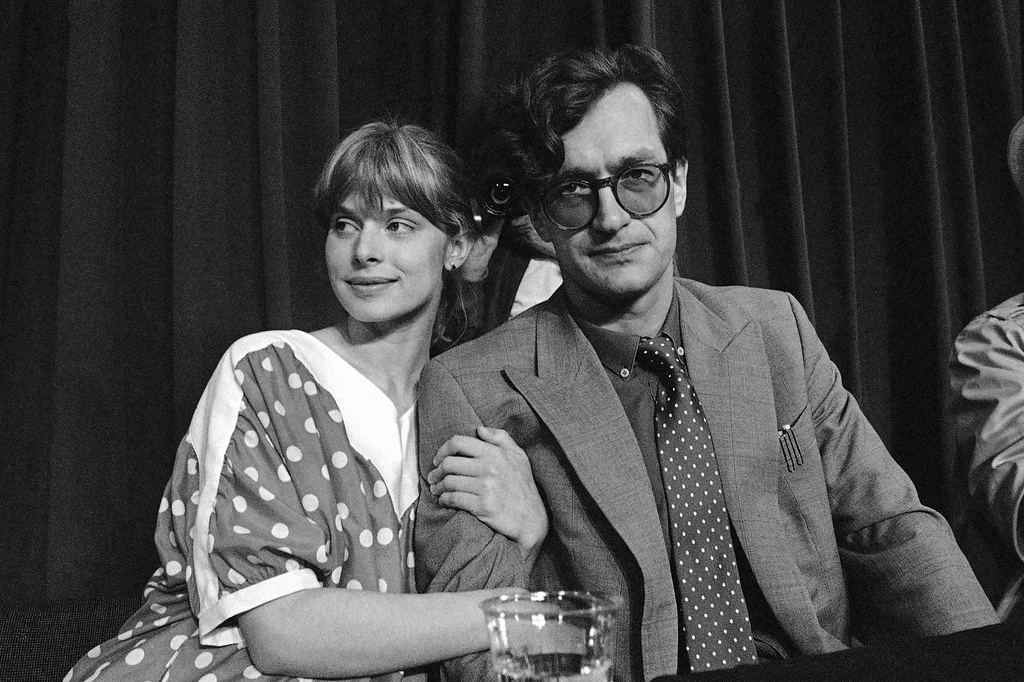 FILE - West German actress Nastassja Kinski, left, and West German director Wim Wenders appear during a press conference after the screening of "Paris, Texas" at the Film Festival in Cannes on May 19, 1984. (AP Photo/Michel Lipchitz, File)