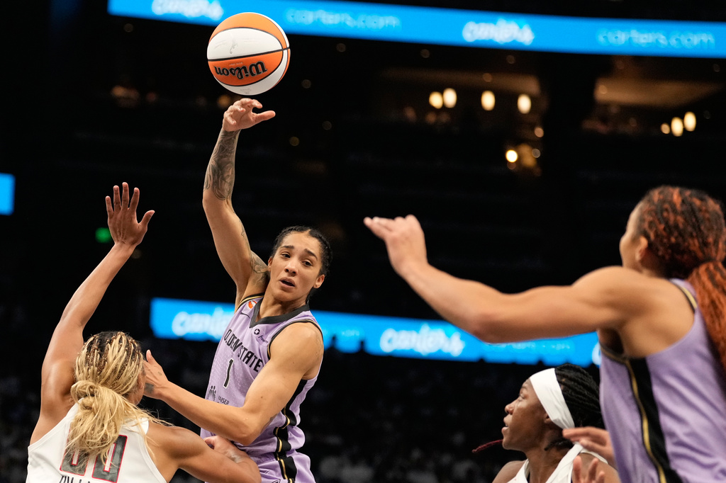 Golden State Valkyries forward Gabby Williams (1) passes the ball during Game 4 of the WNBA basketball finals against the Atlanta Dream on Saturday, Oct. 24, 2026, in Atlanta. (AP Photo/Brynn Anderson)