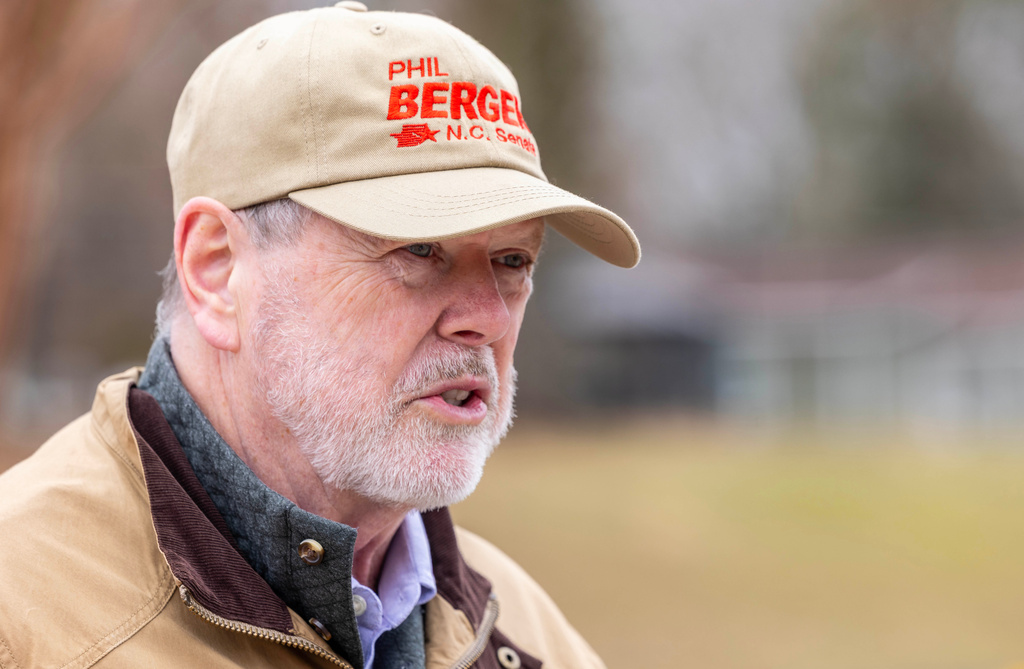 Phil Berger, candidate for North Carolina State Senate, campaigns at Douglass Elementary in Eden, N.C., on Tuesday, March 3, 2026. (Woody Marshall/News & Record via AP)