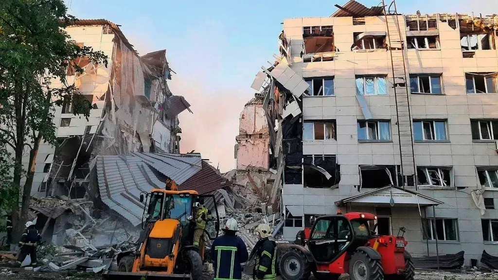 This photo released by Moscow-appointed head of Russian-controlled Luhansk region Leonid Pasechnik Telegram channel on Friday, May 22, 2026, shows dormitory of a university college building damaged by Ukrainian drones in Starobilsk, Ukraine. (Head of Russian-controlled Luhansk region Leonid Pasechnik Telegram channel via AP)