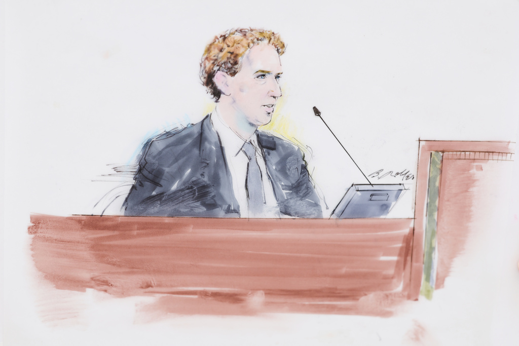 This courtroom sketch shows Meta CEO Mark Zuckerberg testifying in a landmark trial over whether social media platforms deliberately addict and harm children, Wednesday, Feb. 18, 2026, in Los Angeles. (William T. Robles via AP)
