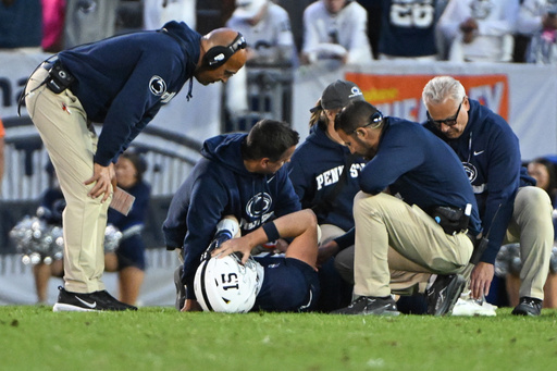 Penn State head coach James Franklin looks over quarterback Drew Allar (15) as he lays on the field injured during the fourth quarter of an NCAA college football game against Northwestern, Saturday, Oct. 11, 2025, in State College, Pa. (AP Photo/Barry Reeger) Penn State head coach James Franklin looks over quarterback Drew Allar (15) as he lays on the field injured during the fourth quarter of an NCAA college football game against Northwestern, Saturday, Oct. 11, 2025, in State College, Pa. (AP Photo/Barry Reeger)