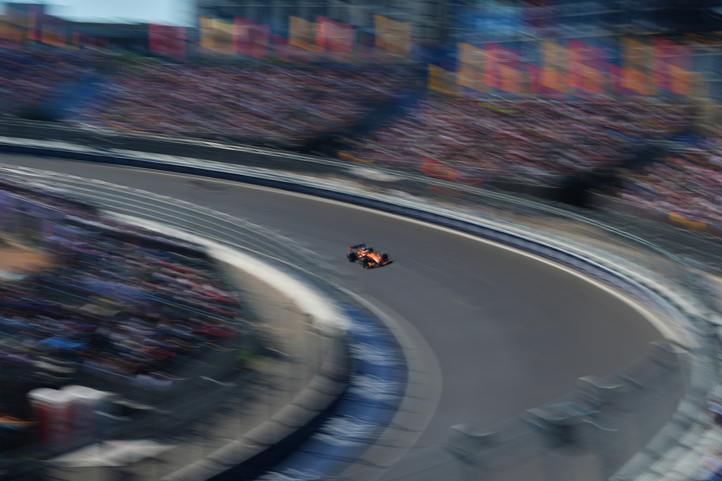 McLaren driver Oscar Piastri of Australia steers his car during the qualifying session ahead of the Spanish Formula One Grand Prix in Madrid, Saturday, Sept. 12, 2026. (AP Photo/Manu Fernandez) CORRECTION: corrects driver ID to Oscar Piastri instead of Lando Norris.