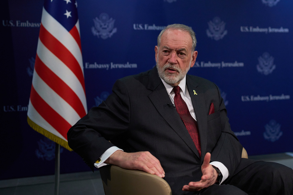 U.S. Ambassador to Israel Mike Huckabee is seen during an interview in Jerusalem, Wednesday, Aug. 20, 2025. (AP Photo/Ohad Zwigenberg)