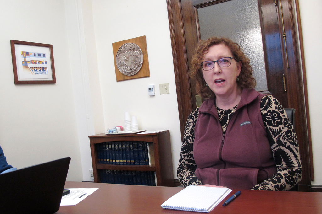 FILE - Carol Beecher, the new director of the Alaska Division of Elections, speaks during a news conference, Feb. 16, 2023, in Juneau, Alaska. (AP Photo/Becky Bohrer, File)