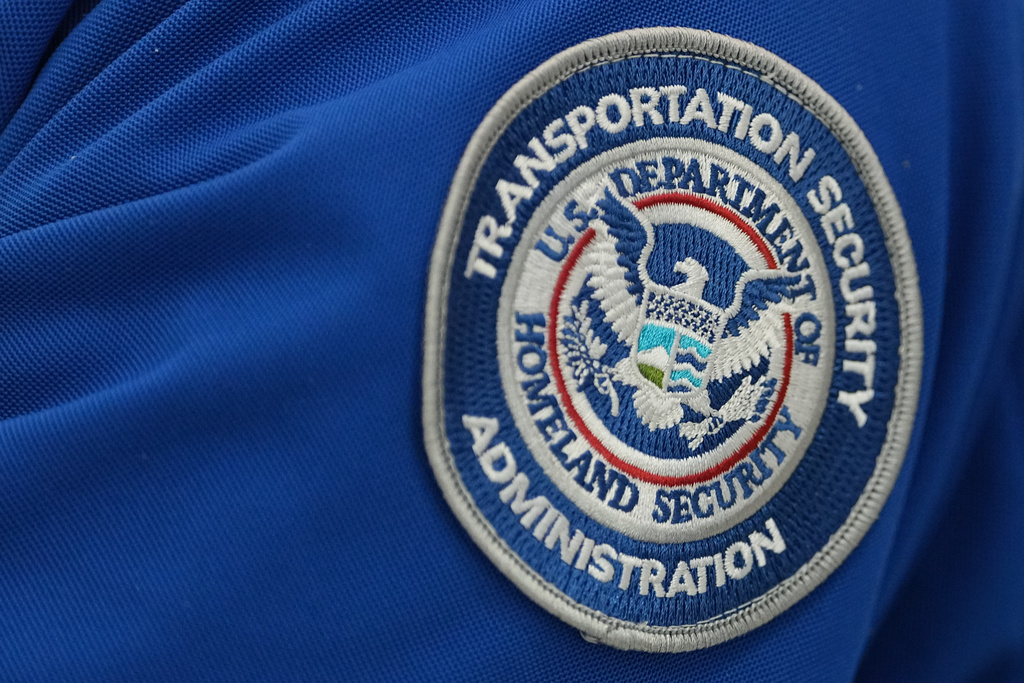 A Transportation Security Administration (TSA) workers's patch is displayed at Philadelphia International Airport, Tuesday, March 24, 2026, in Philadelphia. (AP Photo/Matt Rourke)