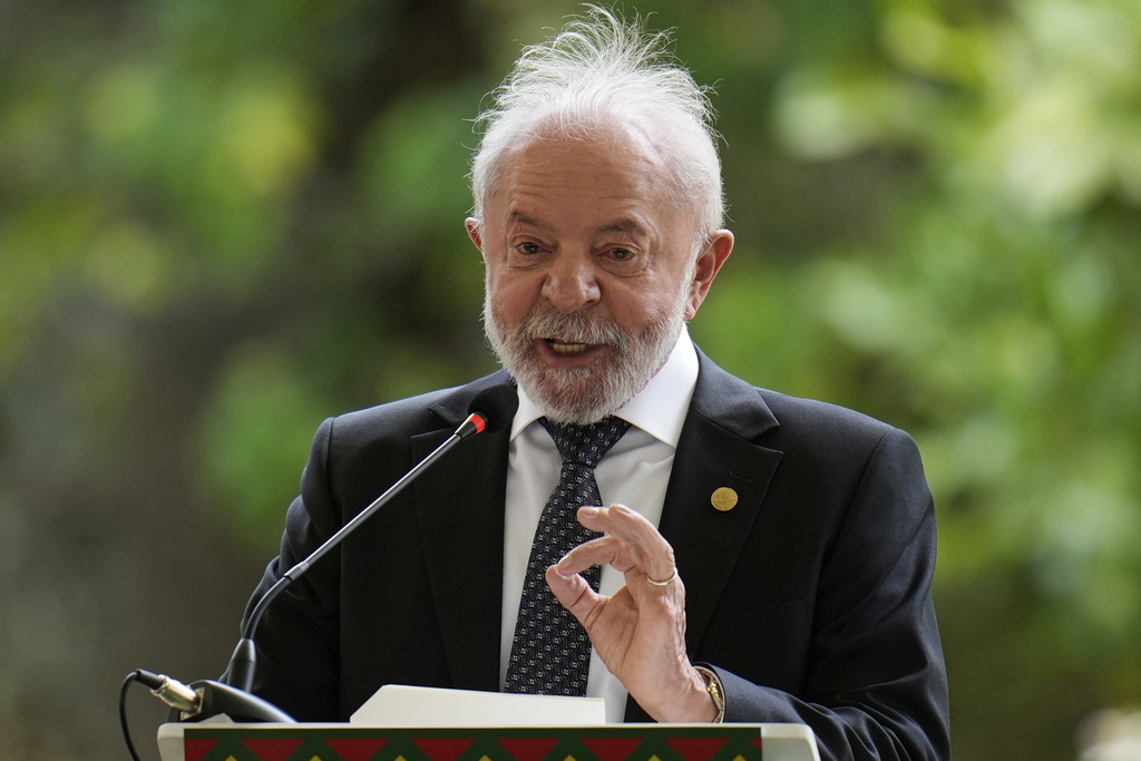 Brazil's President Luiz Inacio Lula da Silva speaks during a meeting of leaders of the Amazon Cooperation Treaty Organization in Bogota, Colombia, Friday, Aug. 22, 2025. (AP Photo/Fernando Vergara)