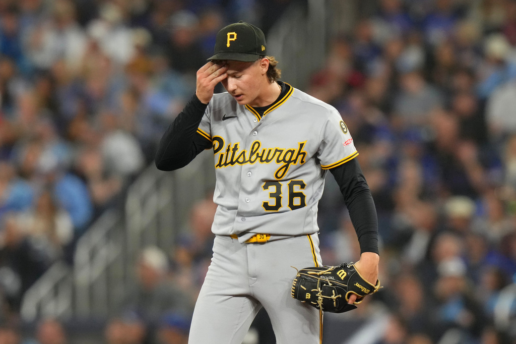 Pittsburgh Pirates pitcher Bubba Chandler (36) reacts during third inning of a baseball game in Toronto, Friday, May 22, 2026. (Chris Young/The Canadian Press via AP)