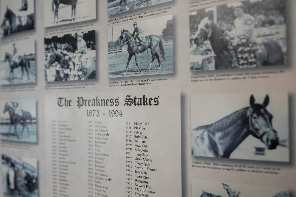The winners of the first 121 Preakness Stakes are listed on a poster hanging in the Laurel Park press box, Friday, May 8, 2026, in Laurel, Md. (AP Photo/Julia Demaree Nikhinson)