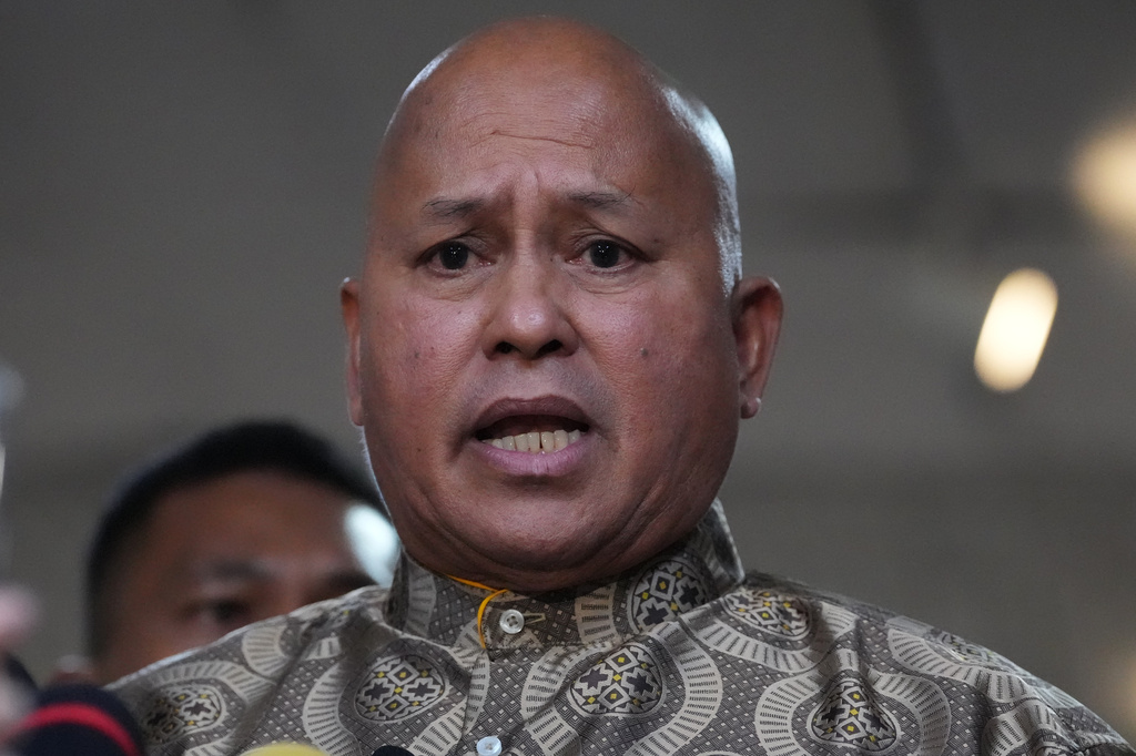 Philippine Senator Ronald dela Rosa speaks to reporters at the Philippine Senate in Pasay, Philippines on Wednesday, May 13, 2026. (AP Photo/Aaron Favila)