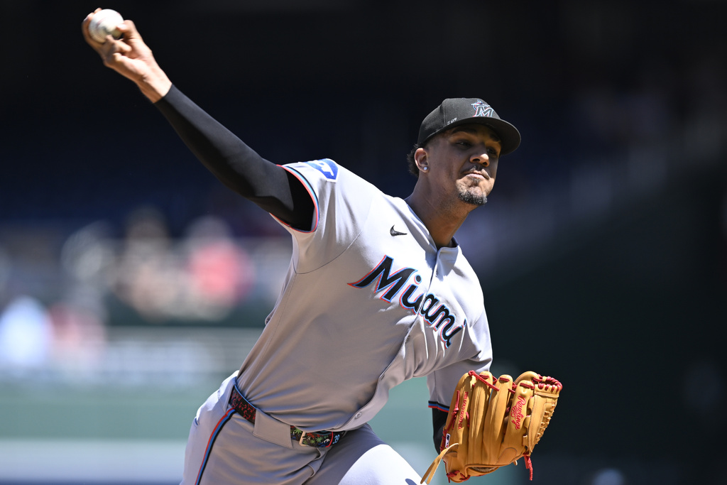 Miami Marlins starting pitcher Eury Perez throws during the first inning of a baseball game against the Washington Nationals, Wednesday, Sept. 3, 2025, in Washington. (AP Photo/John McDonnell)