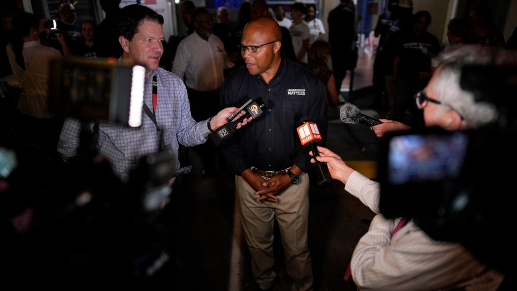 Democrat Shawn Harris speaks to the media after learning he would advance to a runoff election against Republican Clay Filler during an election night watch party, Tuesday, March 10, 2026, in Rome, Ga. (AP Photo/Mike Stewart)